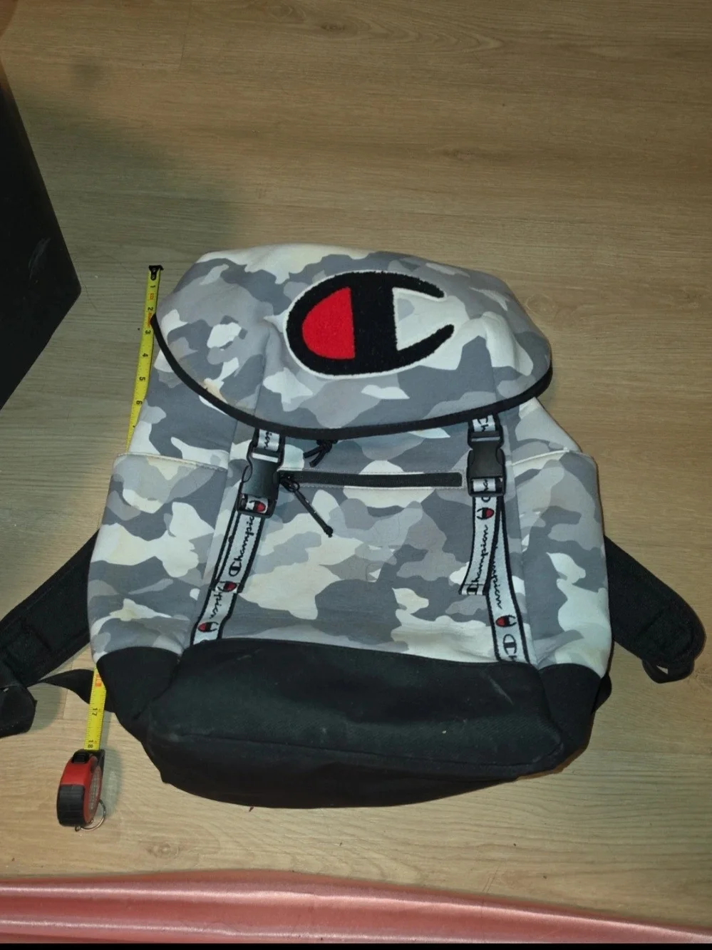 Champion Gray Camo Backpack with Red Logo